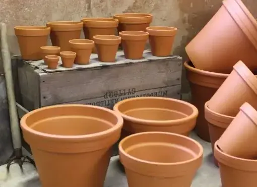Klassiska terrakottakrukor i olika storlekar, arrangerade med trädgårdsredskap.