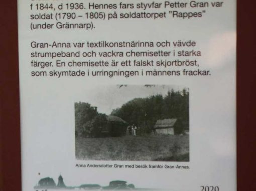 Informationsskylt vid Gran-Annas stuga i Vårkumla Informationsskylt om Gran-Annas ryggåsstuga i Vårkumla och dess historia.