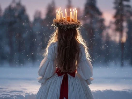 En Luciafigur klädd i vit klänning med ett rött sidenband runt midjan, bär en gnistrande ljuskrona på huvudet. Hon vandrar genom ett dimmigt landskap i gryningsljus med lysande ljuspunkter omkring sig.