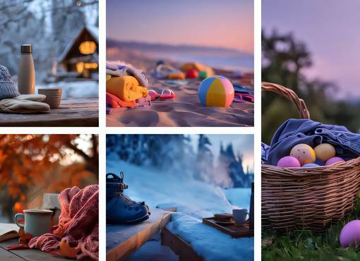 Kollage med säsongsbilder som representerar årets lov: jullov med vinterstuga, sportlov i snö, påsklov med färgglada ägg, sommarlov på stranden och höstlov med varm dryck bland löv.