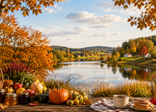 Höstlandskap vid sjön Östen med pumpor, äpplen, hemlagade delikatesser och fika på ett rustikt bord framför sjön omgiven av höstfärger.
