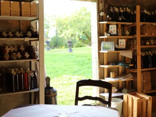 Gårdsbutiken och caféet på Fristorps Gård med hyllor fyllda av gårdens egen must, marmelader och lokala delikatesser i en lantlig miljö.