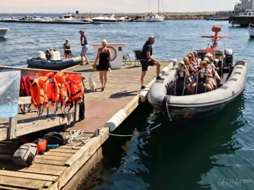 Aquaevent på Smögenbryggan med RIB-båt vid bryggan, passagerare ombord, flytvästar, båtar och hav i bakgrunden.